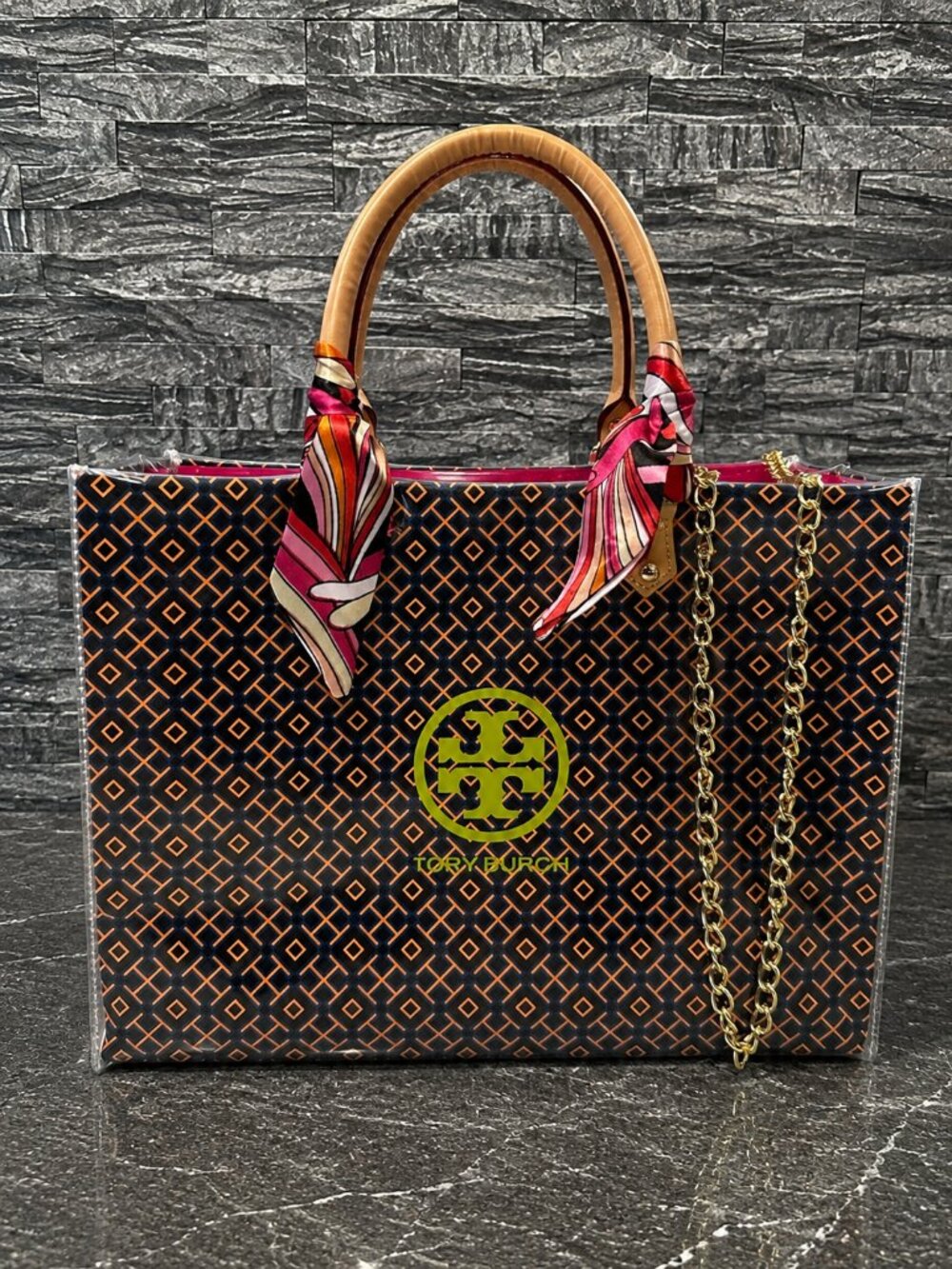 Upcycled Designer Shopping Bag Purse With Gold Chain & Scarf